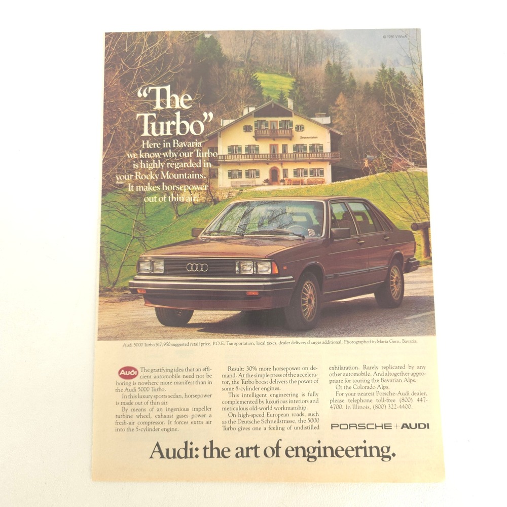 Audi 5000 Turbo Print Ad Bavaria Car Advertising Vintage 1981 Garage Wall Decor